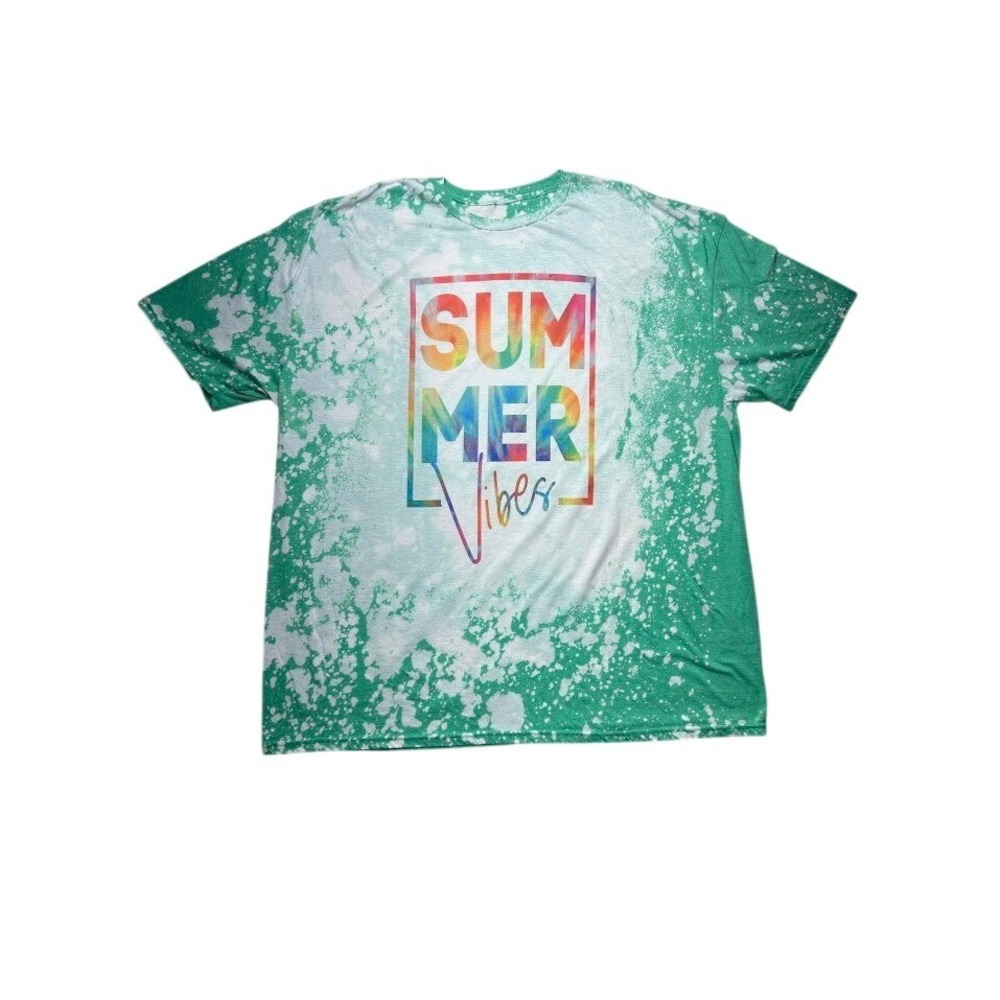 Summer Vibes Bleached T-Shirt Green White Acid Wash Rainbow Graphic Tee 2XL